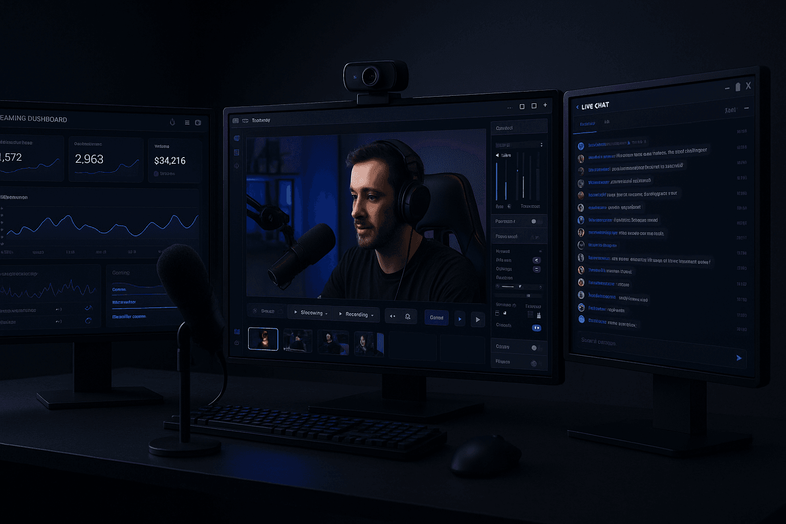Professional live streaming setup with multiple screens showing stream analytics, chat interface, and video preview