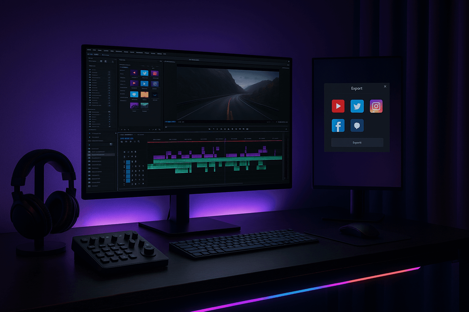 Professional video editing setup with multiple video clips and effects