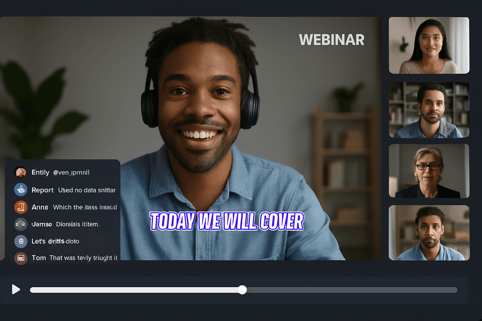 Professional webinar setup with multiple screens showing webinar analytics, chat interface, and video preview