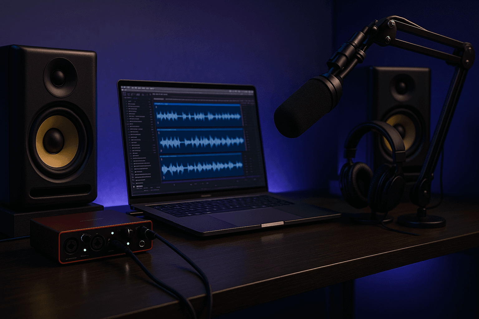 Professional recording setup with multiple microphones, audio interface, and video camera
